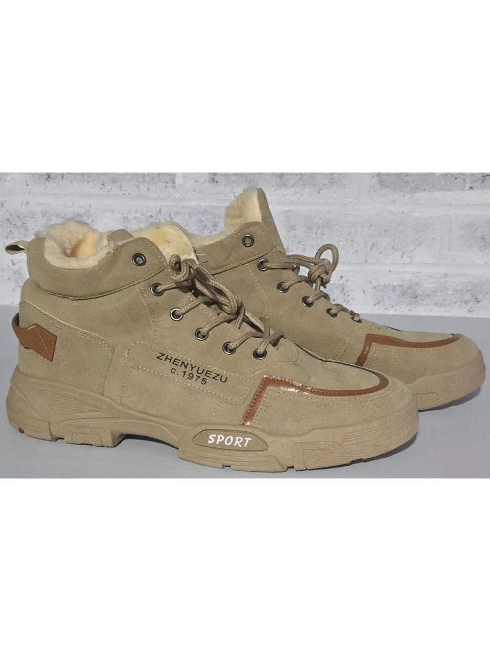 ZHENYUEZU Men's Suede Faux Fur Lined Lace-Up Snow Boot Beige 13